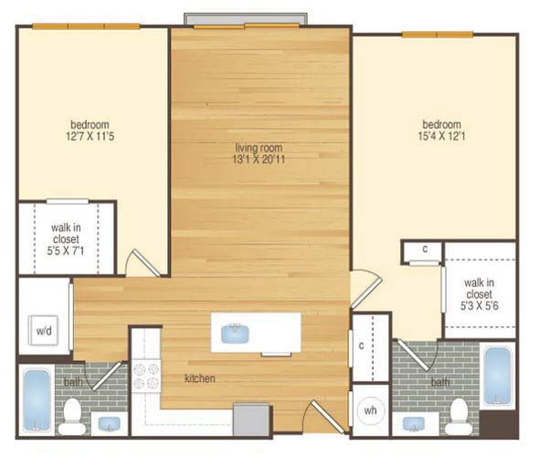 Floor plan for 2 beds, 2 baths, 1160 sqft